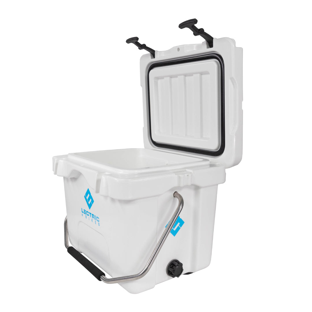 side angle of hard Lectric cooler open with the handle in the front