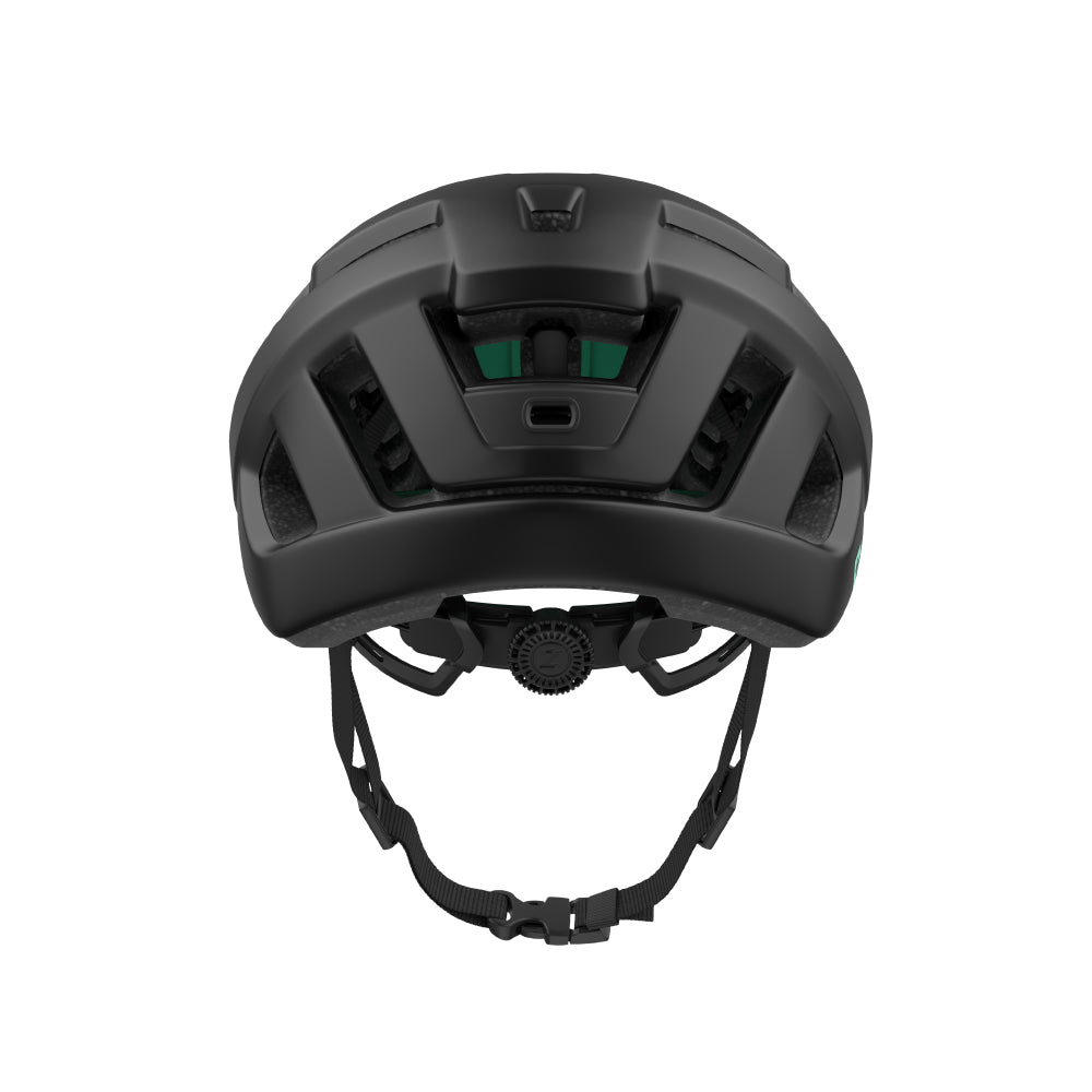 back view of a black lazer helmet on a white background