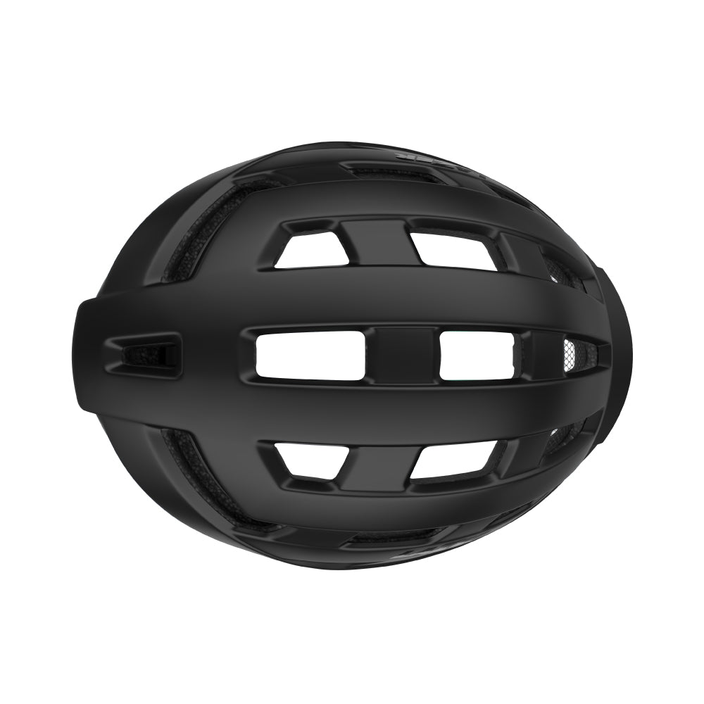 top view of a black lazer helmet facing right on a white background