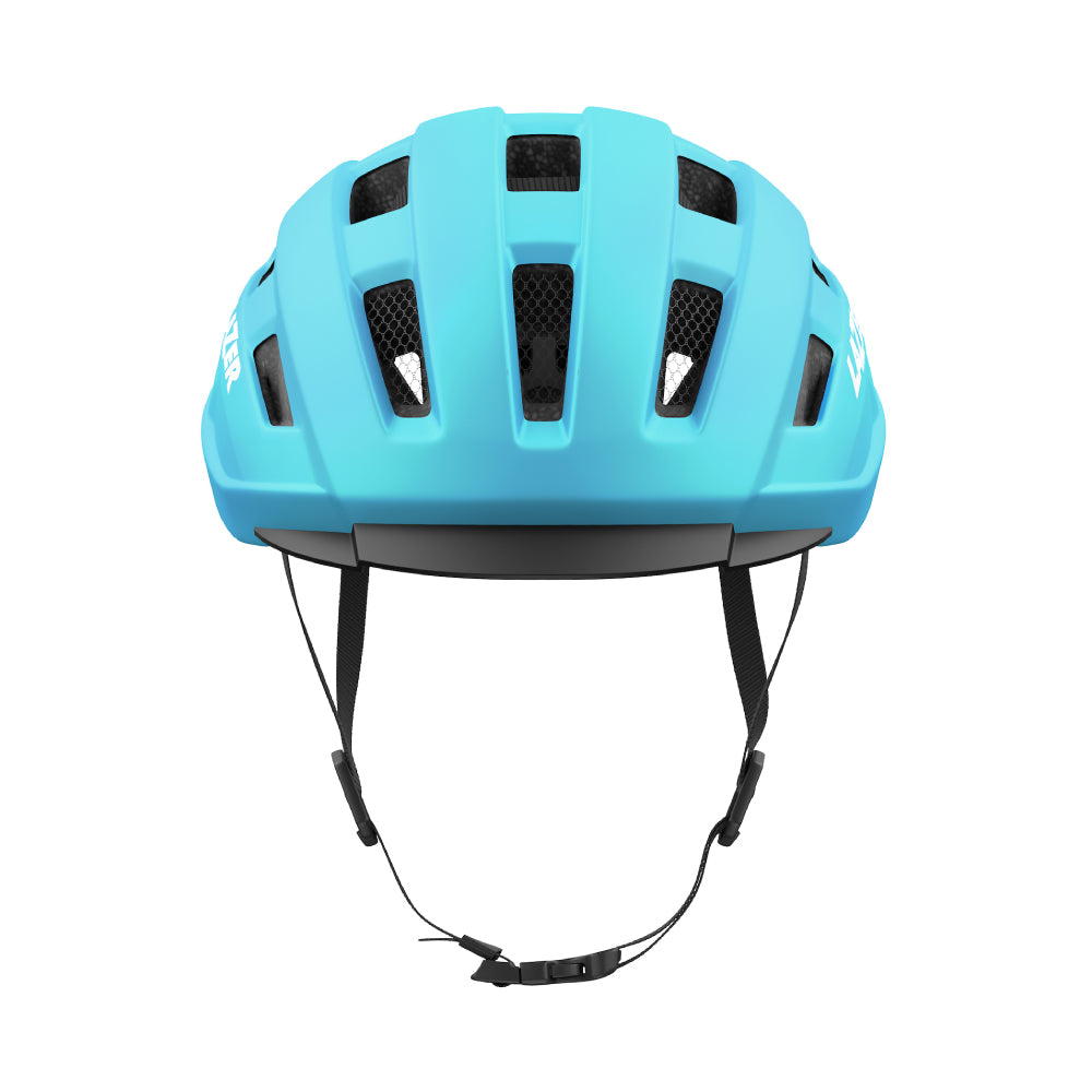 front view of a clipped blue lazer helmet on a white background