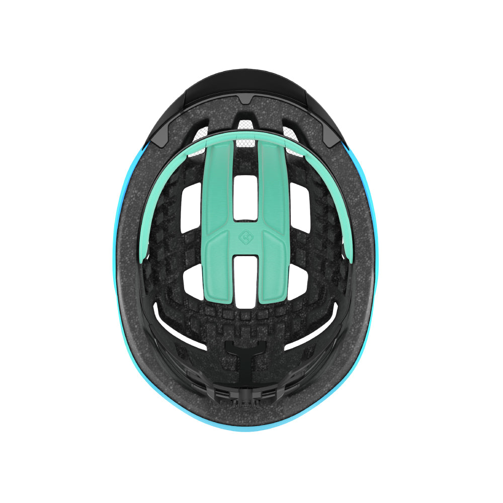 inside view from the bottom of a blue lazer helmet on a white background