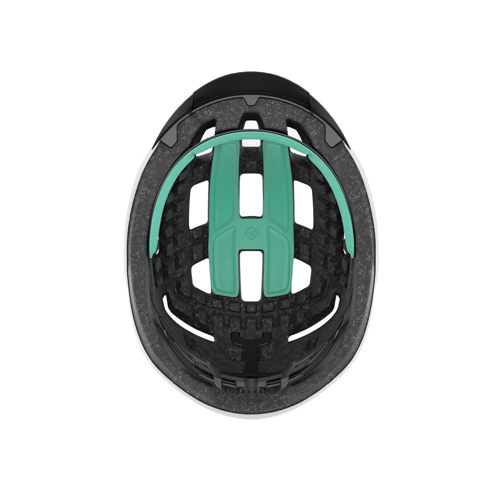 view inside a white lazer helmet on a white background