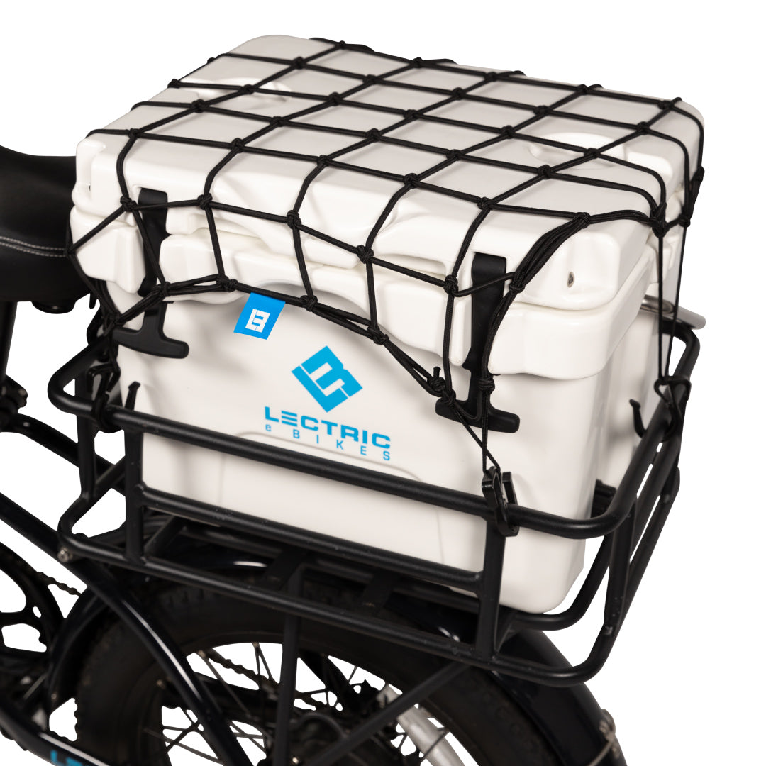 Cargo net covering hard cooler in cargo basket on eBike rear rack 